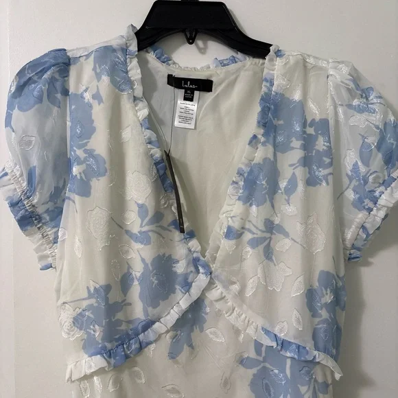 Lulu's Cream Midi Dress with Light Blue Floral Print - Picture 4 of 6